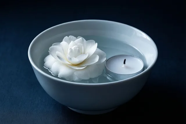 In een witte porseleinen kom met water drijven een witte camelia en een theelichtje tegen een donkerblauwe achtergrond met textuur.