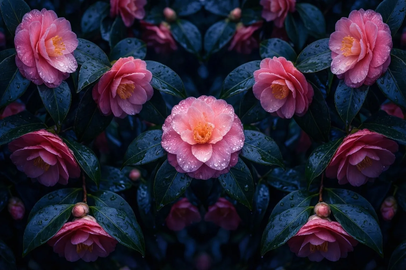 Roze camelia's met glinsterende regendruppels staan tussen glanzend donkergroen blad in een beeld met zachte geeloranje tinten.
