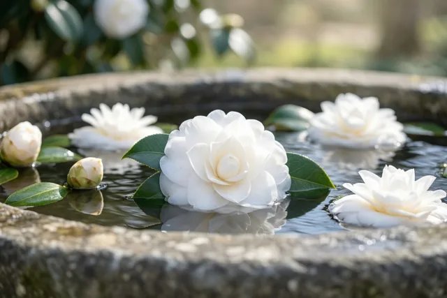 Witte camelliabloemen en bloemknoppen drijven op het stille water van een oude stenen doopvont buiten, in zacht daglicht.