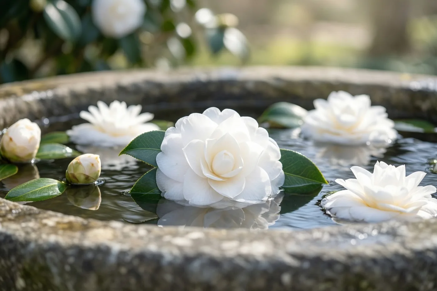 Witte camelliabloemen en bloemknoppen drijven op het stille water van een oude stenen doopvont buiten, in zacht daglicht.