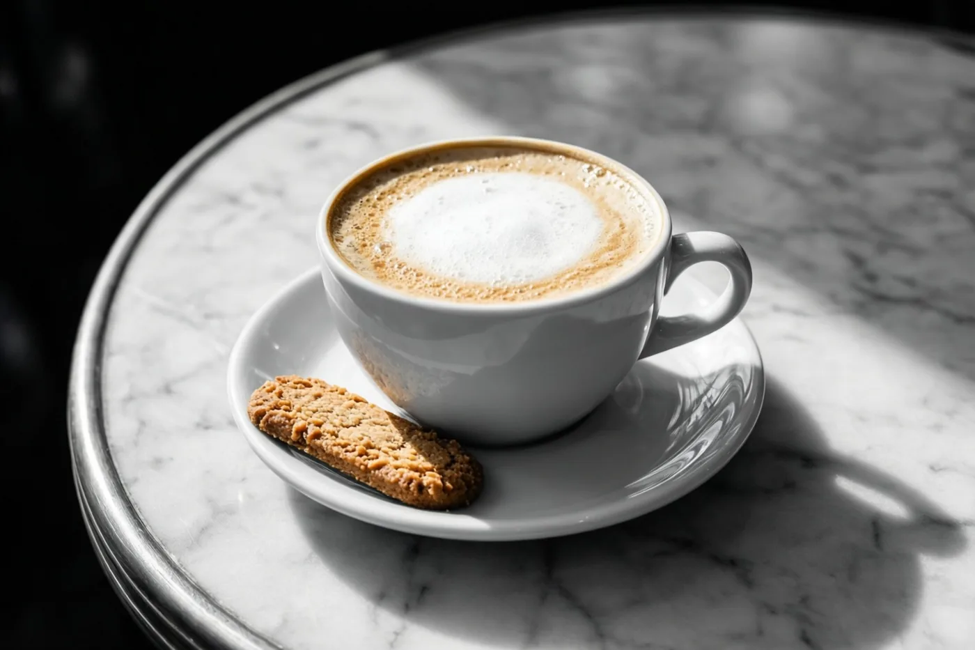 Een witte keramieken kop cappuccino met melkschuim staat op een wit schoteltje met één speculoosje op een witte marmeren cafétafel in de ochtendzon.