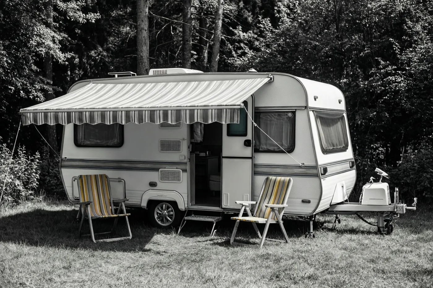 Een zwart-witbeeld toont een retrocaravan met een gestreepte luifel en twee bijpassende gestreepte klapstoelen op gras tussen de bomen.
