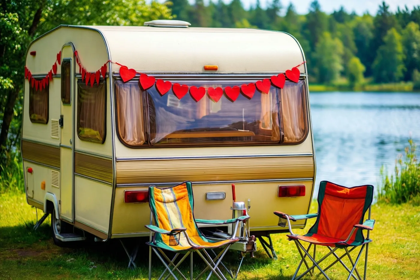 Een ronde caravan in jarenzeventigstijl staat met rode hartjesslingers en twee klapstoelen op het gras bij een meer, met bos op de achtergrond.