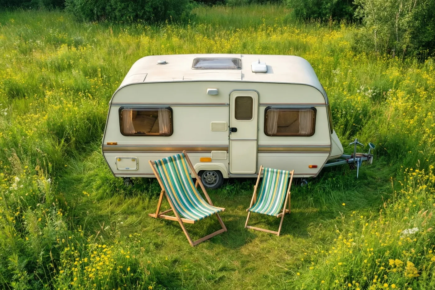 Een retrocaravan staat in een groene weide vol gele wilde bloemen, met een grote en een kleine gestreepte ligstoel naast elkaar op het gras.
