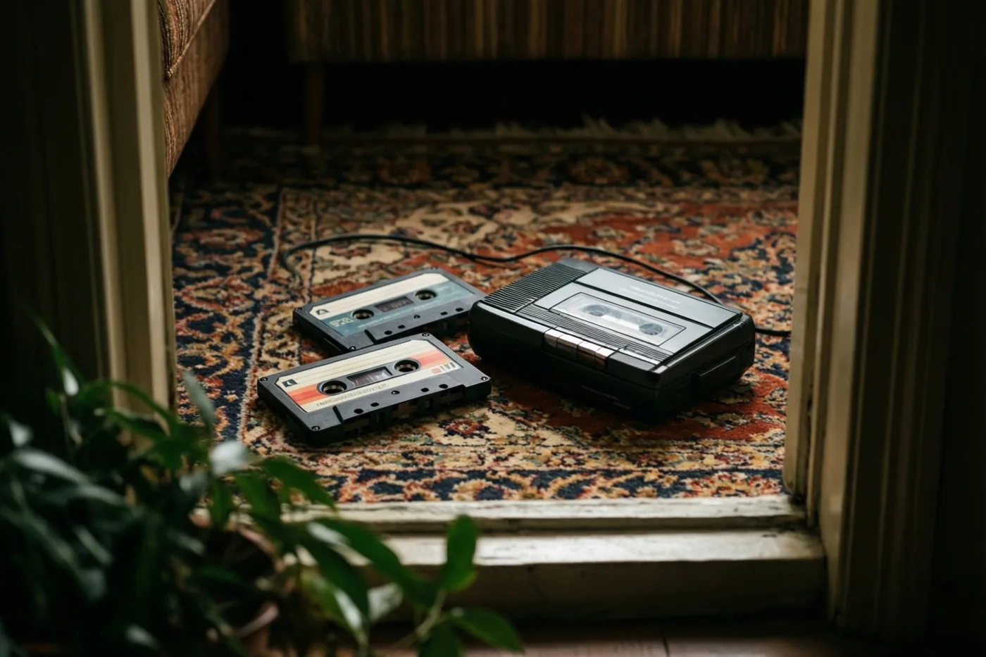 Een draagbare cassettespeler en twee cassettebandjes zonder etiket liggen op een tapijt met een jarenzeventigpatroon, gezien door een deuropening met een potplant op de voorgrond.