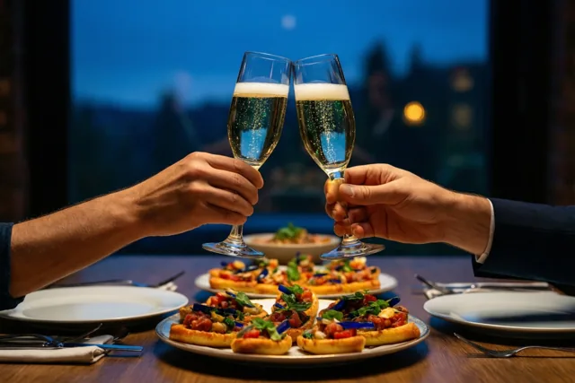 Twee handen klinken glazen bruisende cava tegen elkaar boven kleurrijke tapas, met een donkerblauwe avondlucht achter het raam.
