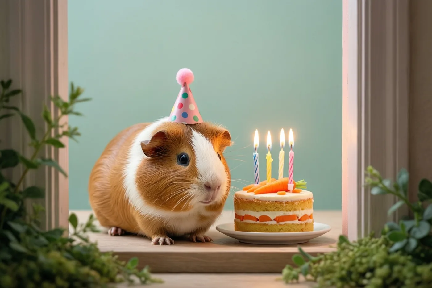 Een cavia met een gestipt feesthoedje zit op een houten oppervlak naast een kleine worteltaart met brandende kaarsjes, omgeven door raamachtige randen en groen tegen een zacht blauwgroene achtergrond.