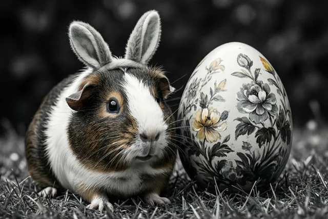 Een witbruine cavia met kleine konijnenoren zit op gras naast een groot rijkelijk beschilderd ei, in gedempte tinten met selectief kleurgebruik en een onscherpe achtergrond.