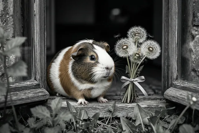 Een bruin-witte cavia zit op een houten vensterbank naast een boeketje paardenbloempluizenbollen met lint, waarbij de cavia en de bloemen in kleur zijn tegen een zwart-witte achtergrond.