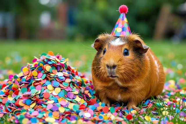 Een bruine cavia met een witte streep op de kop en een kleurrijk stippenhoedje met een roze pompon zit op groen gras naast een grote hoop bonte confetti.