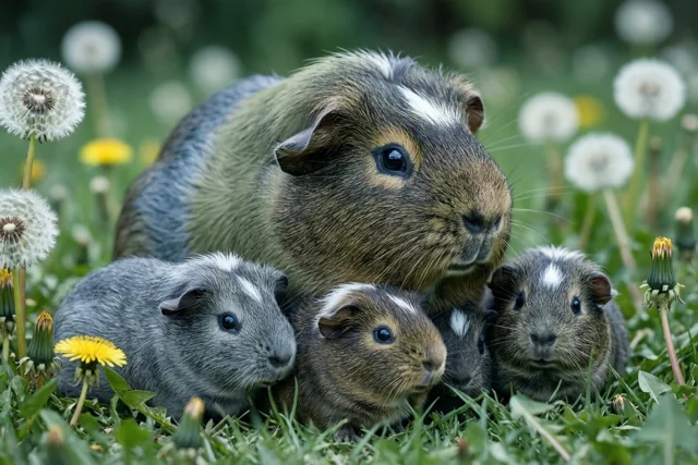 Een moedercavia zit met vier jongen dicht bij elkaar op een grasveld met gele paardenbloemen en witte pluizenbollen in het daglicht.
