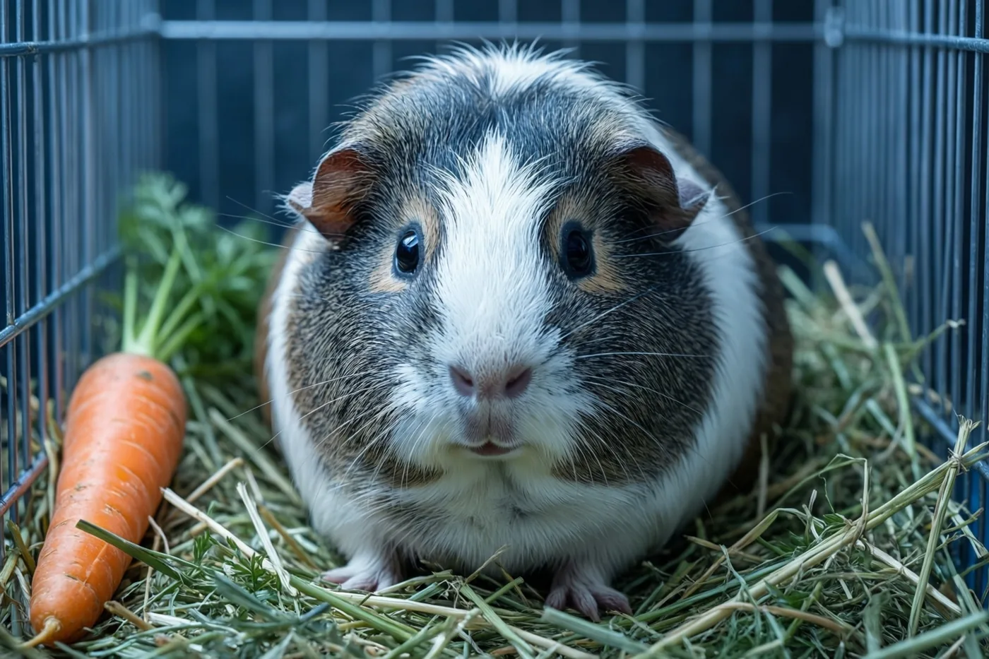 Een wit-bruine cavia is van dichtbij te zien in een kooi met hooi naast een wortel, binnenshuis tegen een donkere achtergrond.