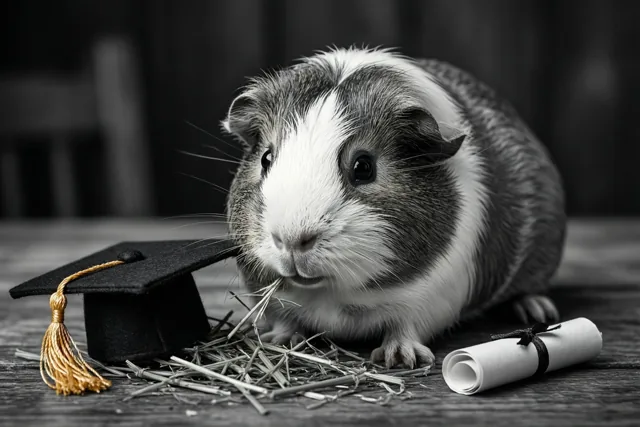 Een zwart-witte cavia eet hooi op een houten oppervlak naast een kleine afstudeerhoed en een diploma met zwart lint, in een zwart-witbeeld waarin alleen de gouden kwast kleur heeft.