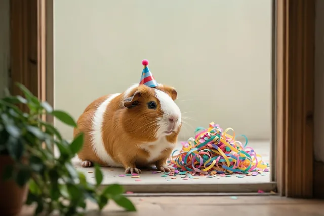 Een cavia viert gezellig mee