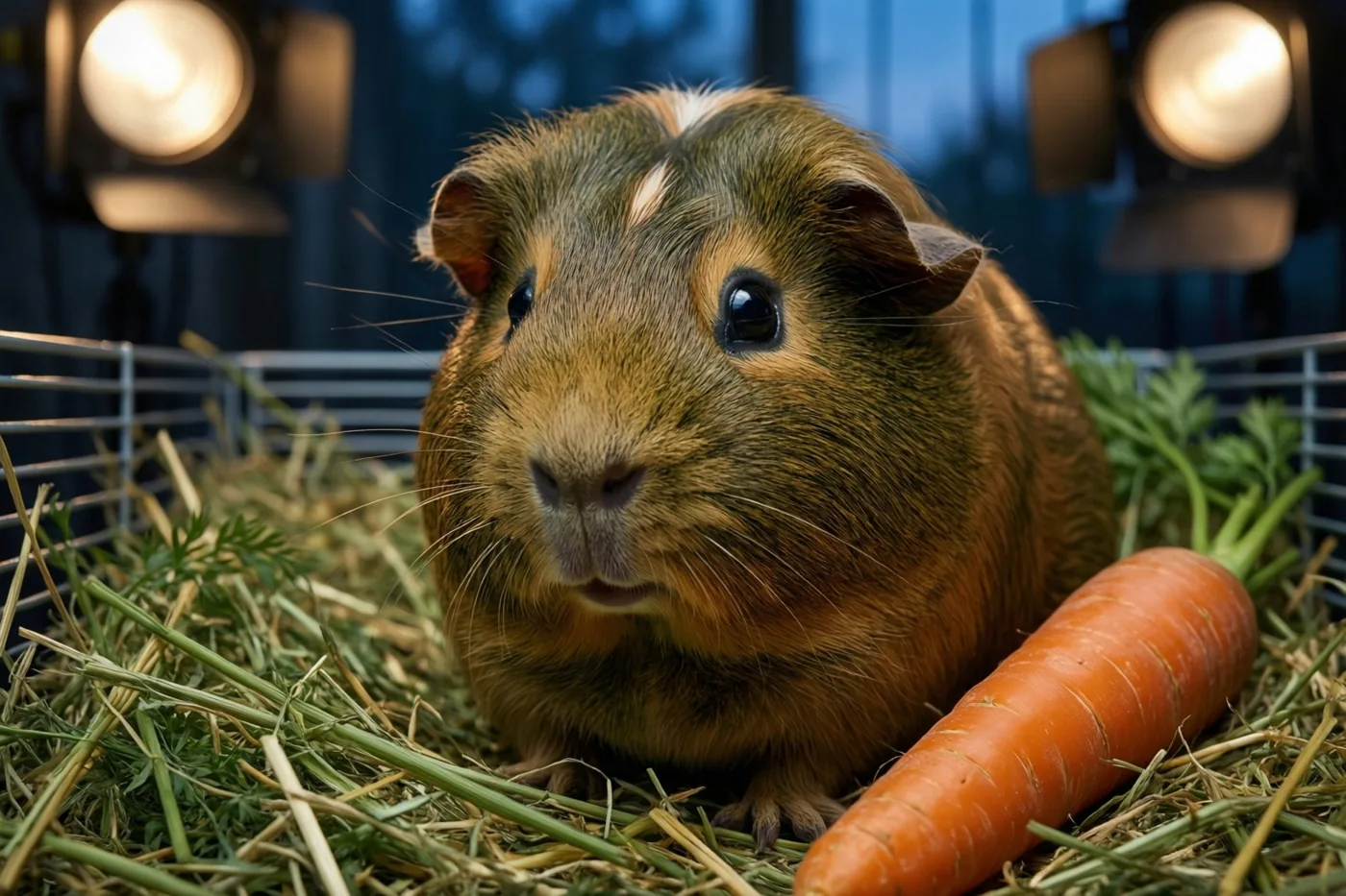 Een cavia met bruine en oranje vacht zit in een draadkooi met hooi en een wortel, belicht tegen een donkerblauwe achtergrond.