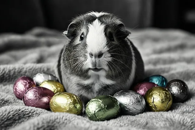 Een cavia met een wit snoetje en grijze vacht zit op een zachte deken tussen chocoladepaaseitjes in felgekleurde folie, die afsteken tegen de verder monochrome scène.