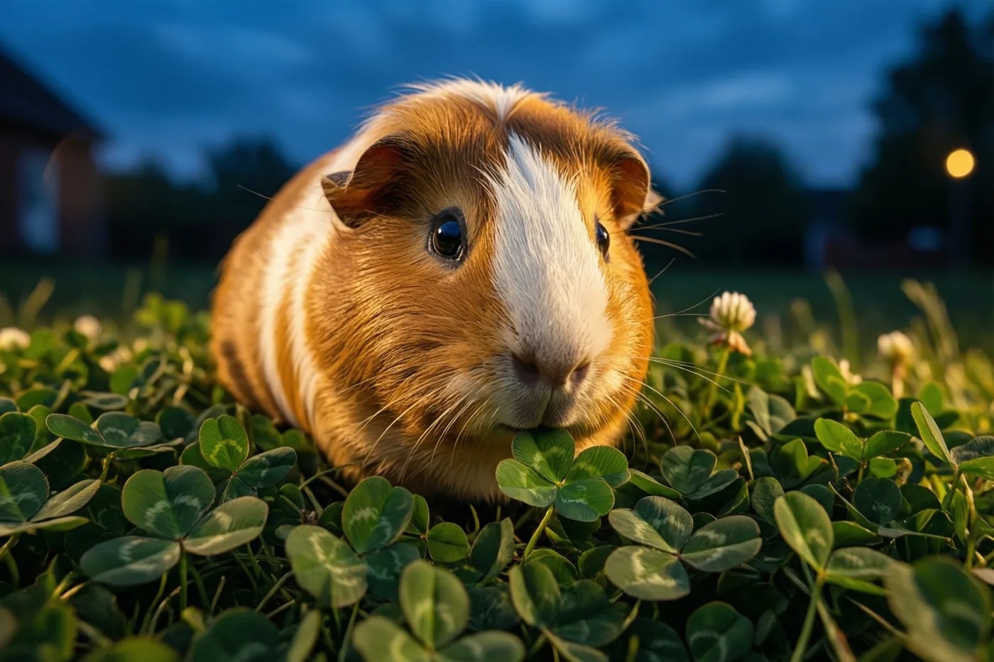 Een bruin-witte cavia kijkt recht naar de camera tussen groene klaverbladeren, met een blauwe avondlucht en een warm licht op de achtergrond.