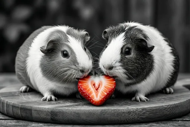 Twee cavia's knabbelen samen aan een felrode hartvormige aardbei op een houten plank, terwijl de rest van het beeld zwart-wit is.