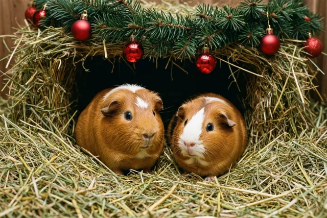 Twee bruin-witte cavia's zitten naast elkaar in een hok met hooi, met boven de ingang een groene dennenslinger en rode kerstballen.