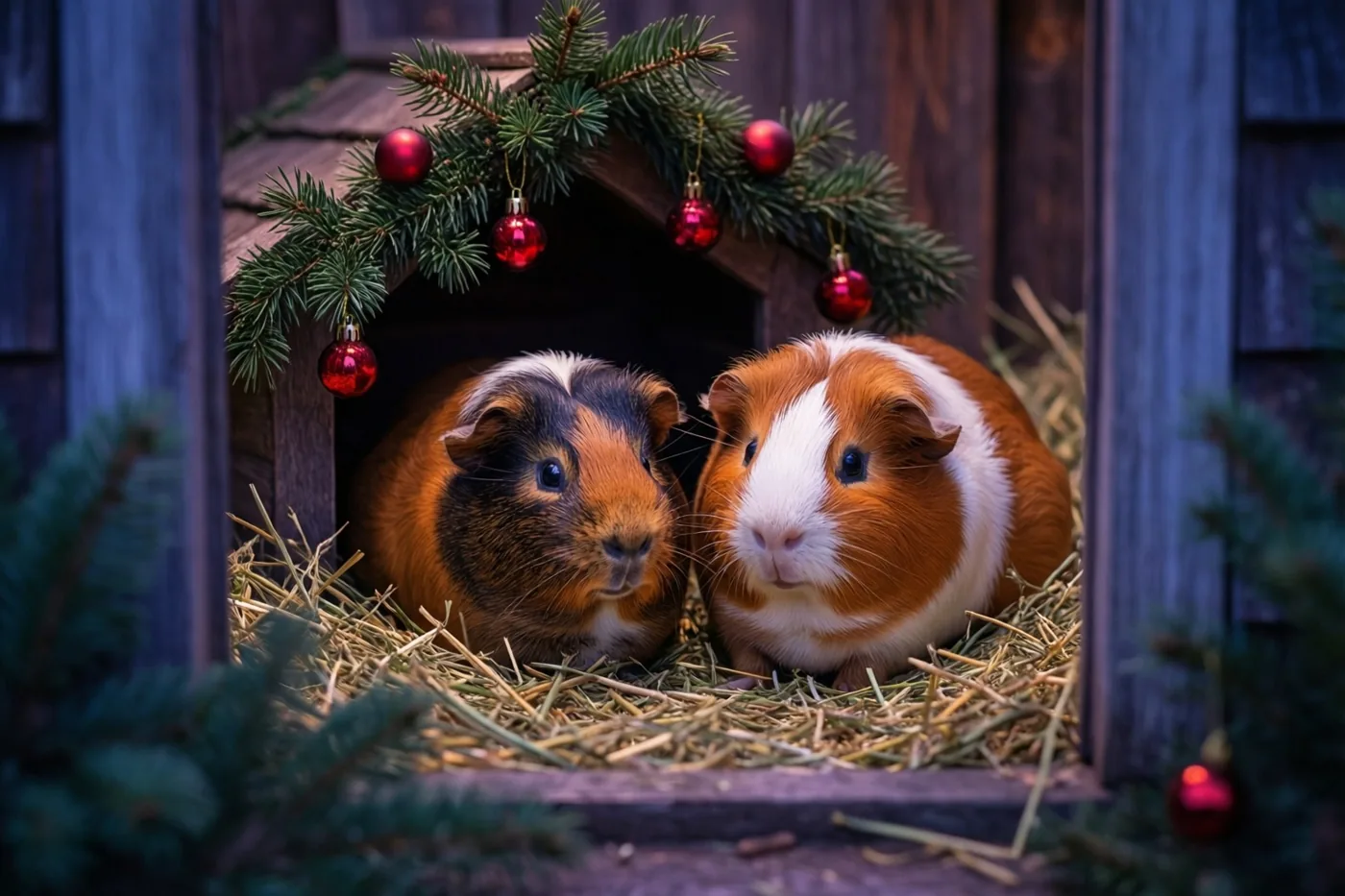 Twee cavia's zitten in een houten hok met hooi, een dennenslinger en rode kerstballen tegen een donkerhouten achtergrond.