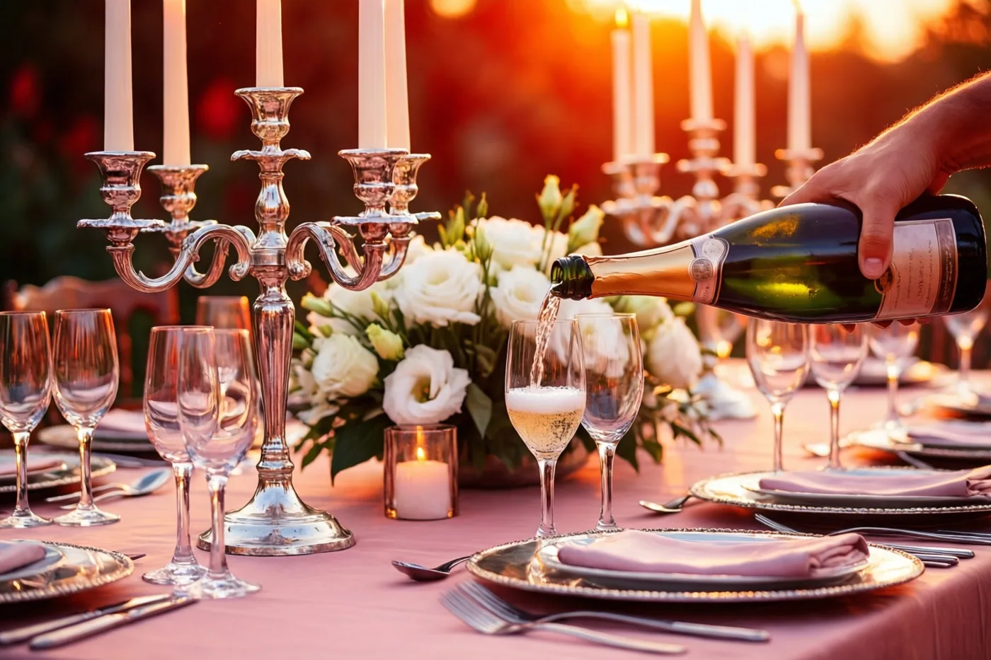 Een hand schenkt champagne in een fluit aan een buitentafel met een roze tafelkleed, zilveren kandelaars en witte bloemstukken bij zonsondergang.