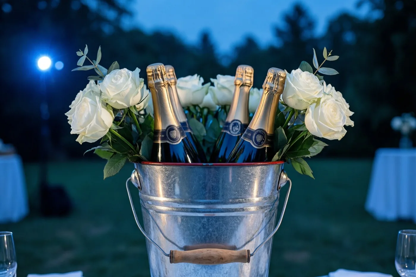 Een oude emaillen emmer met een houten handvat, champagneflessen en witte rozen staat bij schemering op een buitentafel, in zachtblauw licht met een felle lamp op de achtergrond.