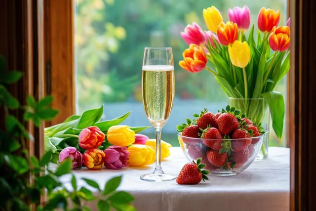 Een glas bruisende champagne en een kom verse aardbeien staan op een wit tafelkleed naast kleurrijke tulpen bij een raam in natuurlijk licht.