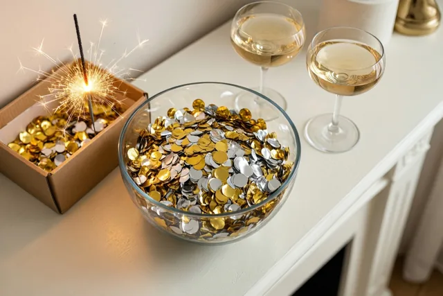 Een glazen schaal met gouden en zilveren confetti staat op een witte schoorsteenmantel naast een brandend sterretje in een kartonnen doos en twee coupes met champagne.