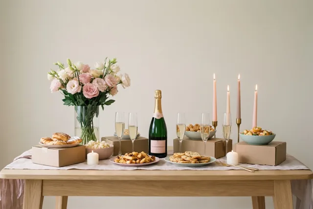Een houten tafel is gedekt met champagne, glazen en gebak, met brandende kaarsen op kartonnen dozen en een vaas roze en witte bloemen.