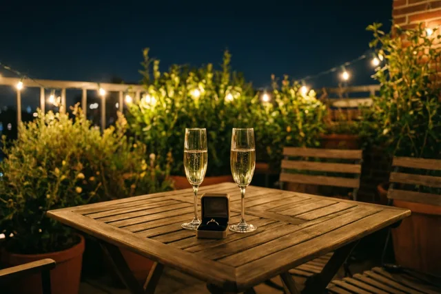 Twee glazen champagne en een open ringdoosje staan op een houten tafel op een dakterras bij nacht, met lichtslingers en groen op de achtergrond.