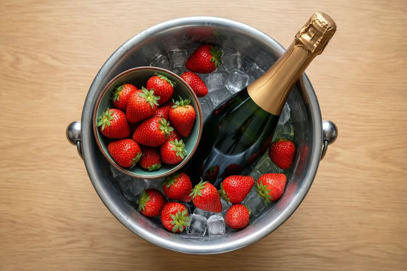 Een champagnefles met goudfolie bovenaan staat in een zilveren emmer met ijsblokjes en verse aardbeien op een lichte houten ondergrond.