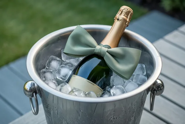 Een champagnefles met een groene strik staat in een roestvrijstalen ijsemmer vol ijsblokjes op een houten terras, met groen gras op de achtergrond.