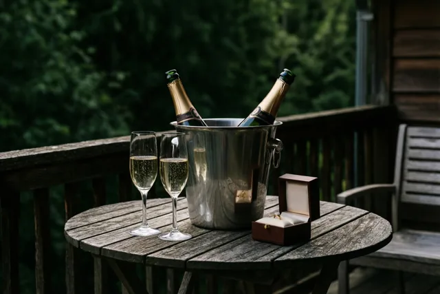 Op een houten terrastafel staan een zilveren champagnekoeler met twee flessen, twee gevulde champagneglazen en een open houten ringdoosje met een ring, met groene bomen en een houten reling op de achtergrond.