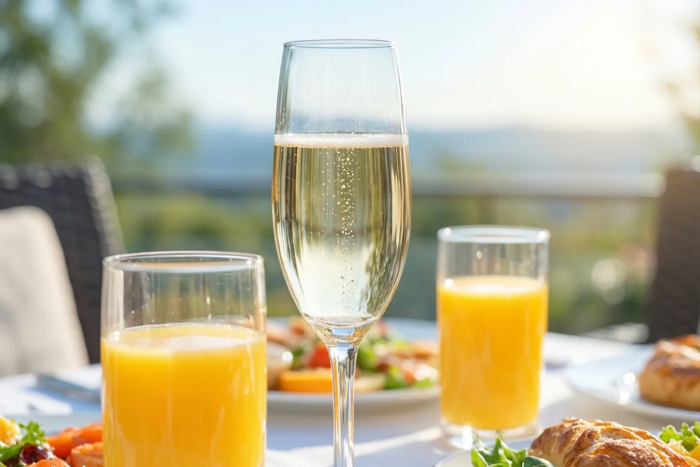 Een hoge champagnefluit en een glas sinaasappelsap staan buiten op een tafel in de ochtendzon, met onscherp groen en verre heuvels onder een heldere hemel.