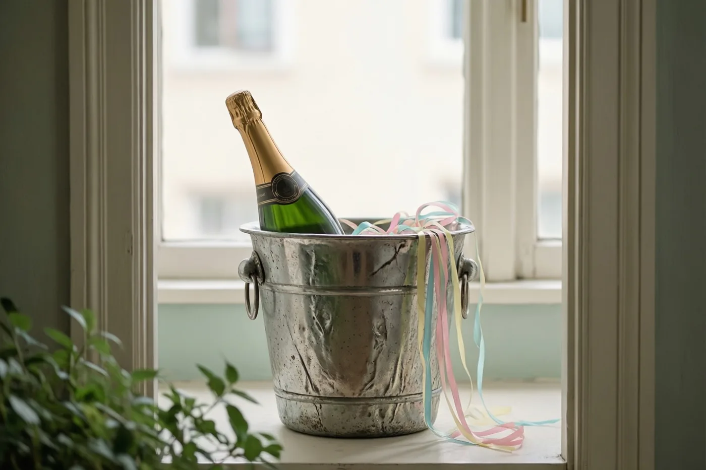 Een groene champagnefles staat in een gedeukte zilverkleurige ijsemmer op een vensterbank, met pastelkleurige slingers over de rand en zacht daglicht.