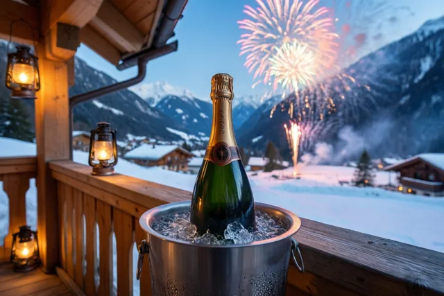 Een champagnefles in een ijsemmer staat bij brandende lantaarns op een houten chaletterras, met vuurwerk boven een dal en besneeuwde bergen in de schemering.