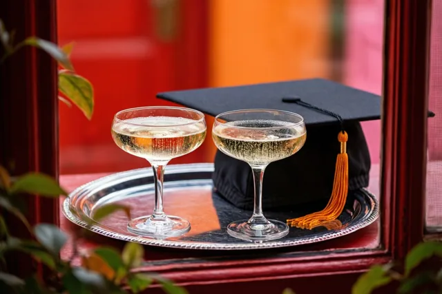 Twee coupes bruisende champagne en een zwarte afstudeerhoed met een oranje kwast staan op een zilveren dienblad op een rode vensterbank, omlijst door een rood raamkozijn en groen gebladerte.