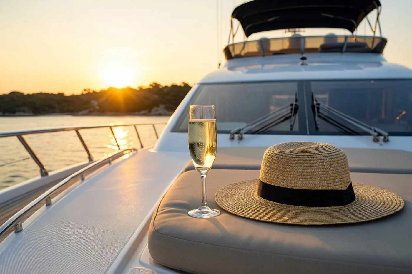 Op het witte dek van een jacht liggen een kussen en een strohoed met een zwarte band naast een glas champagne, met de ondergaande zon boven het water en land in de verte.