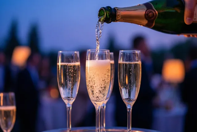 Buiten in de schemering wordt champagne uit een fles in een rij fluitglazen geschonken, met mensen en warme lichtjes onscherp op de achtergrond.