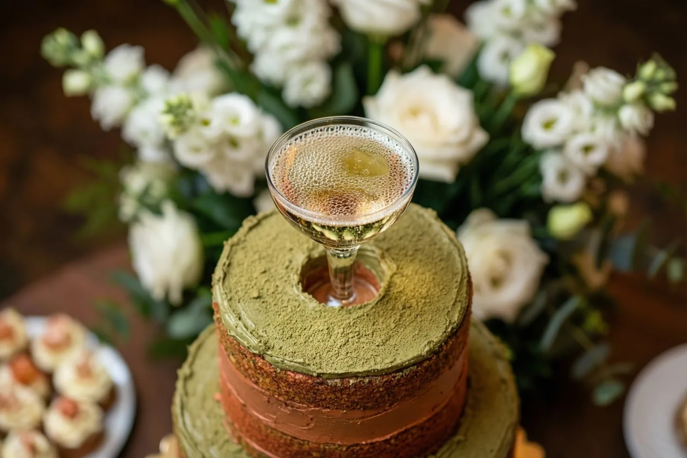 Een champagnecoupe staat bovenop een taart van twee lagen met groen en bruin glazuur, met witte bloemen op de achtergrond in warm licht.