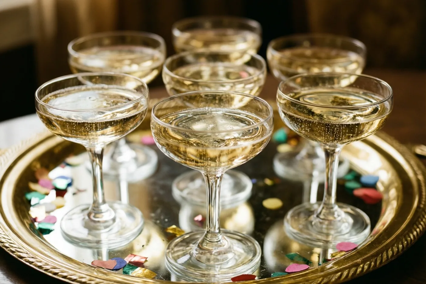 Gevulde champagnecoupes staan op een gouden spiegelblad met kleurrijke confetti, met de voorste glazen scherp in beeld in warm binnenlicht.