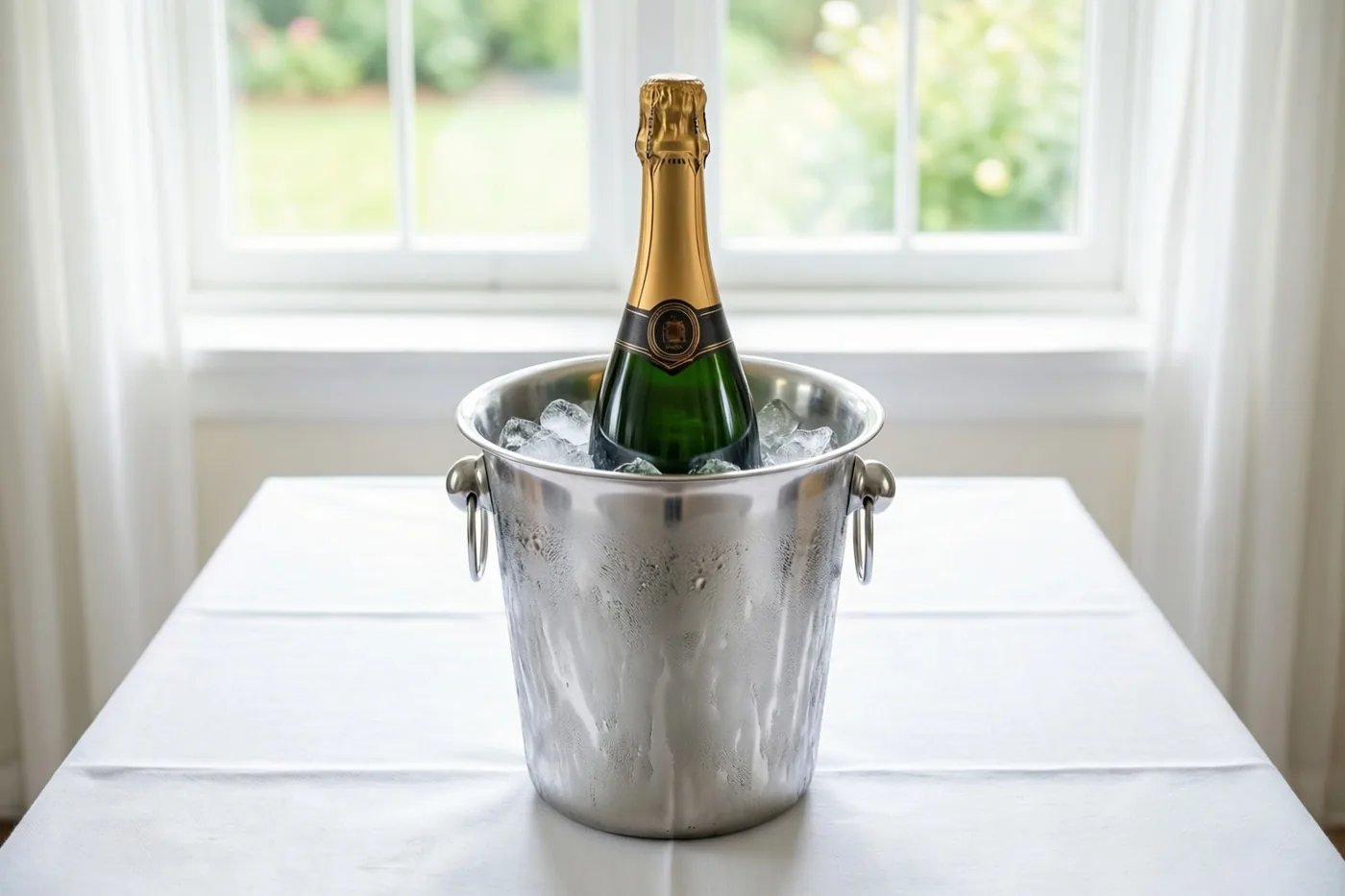 Een groene champagnefles met goudfolie rond de dop staat in een zilveren ijsemmer met ijsblokjes op een tafel met wit linnen, bij een raam met witte gordijnen.