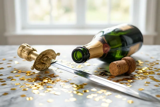 Een champagnesabel ligt op een marmeren werkblad naast een geopende champagnefles, de kurk en gouden confetti, in het daglicht bij een raam.