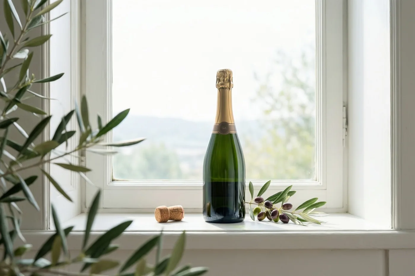 Een groene champagnefles met goudfolie rond de dop staat op een witte vensterbank naast een kurk en een olijftakje met groene bladeren en donkere olijven, in zacht daglicht.
