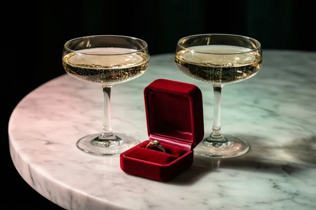 Twee champagnefluiten met bruisende vloeistof staan naast een open rood fluwelen ringdoosje op een witmarmeren tafel tegen een donkere achtergrond.