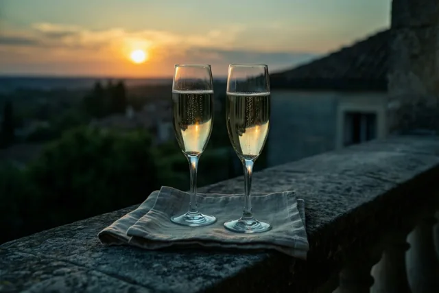Twee champagnefluiten met mousserende wijn staan op een gevouwen linnen servet op een stenen balkonrand, met een stadje onder een oranje en blauwe zonsondergang op de achtergrond.