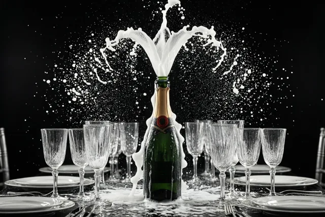 Op een zwart-witfoto spuit een schuimfontein uit een champagnefles op een tafel met kristallen glazen en borden tegen een zwarte achtergrond.