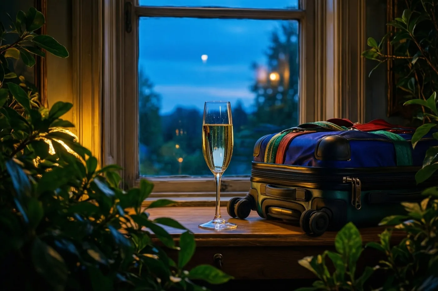 Een champagneglas en een ingepakte koffer staan op een houten vensterbank tussen groen gebladerte, met warm licht binnen en een blauwe schemerlucht buiten.