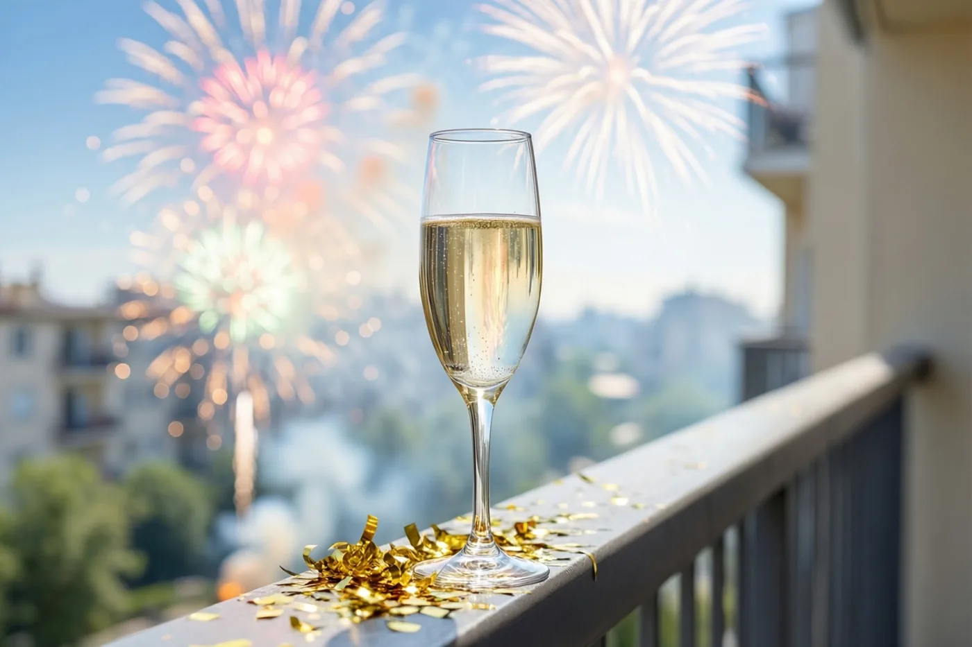 Een champagneglas met bubbels staat tussen gouden confetti op een balkonrand, met onscherp vuurwerk boven een stad tegen een blauwe lucht.