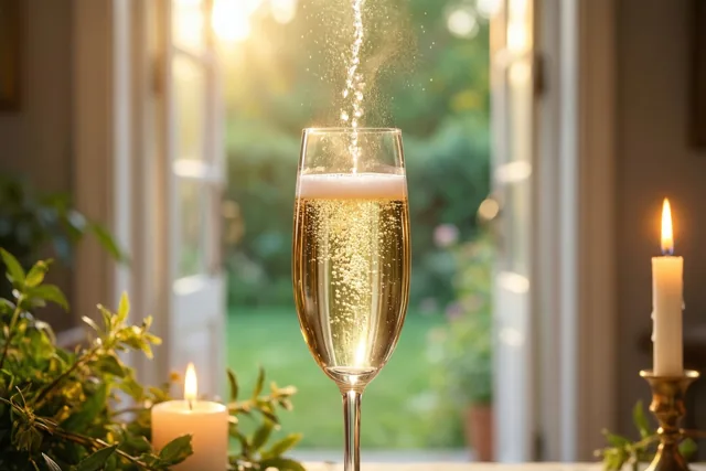 Een champagnefluit met een bruisende drank staat op een tafel tussen twee brandende kaarsen, met een wazig raam en groen op de achtergrond.